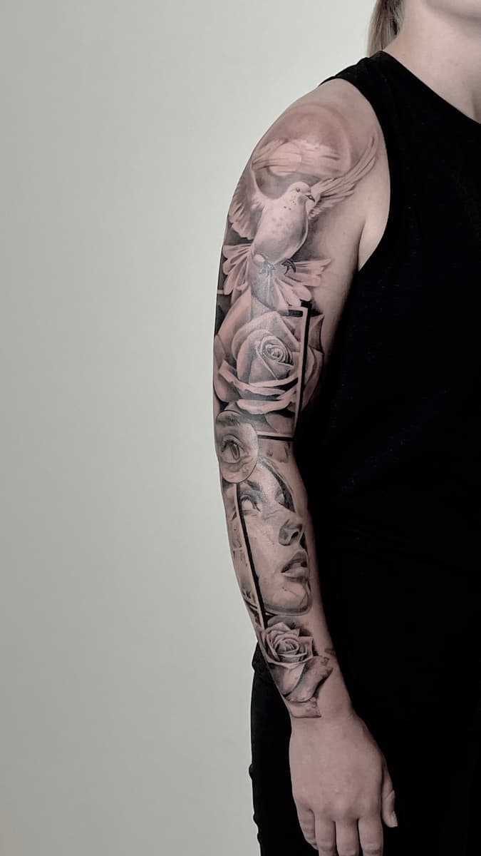 Black-and-grey full arm tattoo sleeve featuring a dove near the shoulder, roses, geometric framing, and a large female portrait along the forearm.
