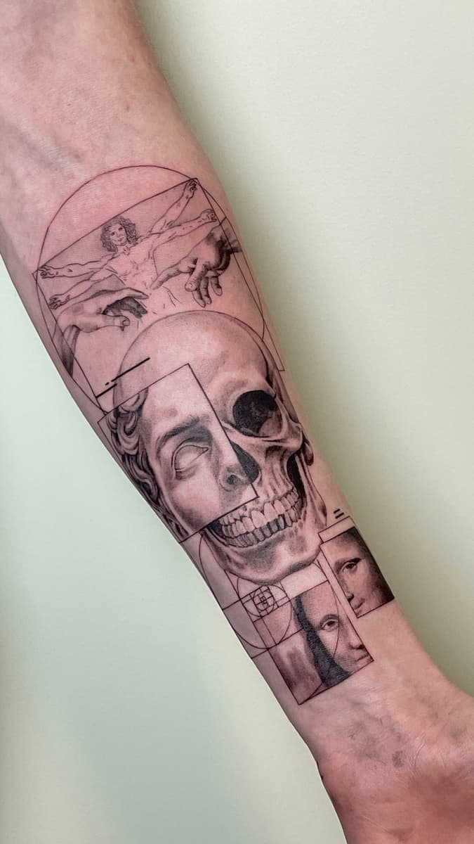 Fine line black-and-grey forearm tattoo combining a skull, classical statue face, Vitruvian Man, geometric shapes, and partial Mona Lisa-style portrait elements.